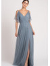 V Neck Blue Gray Tulle Slit Bridesmaid Dress